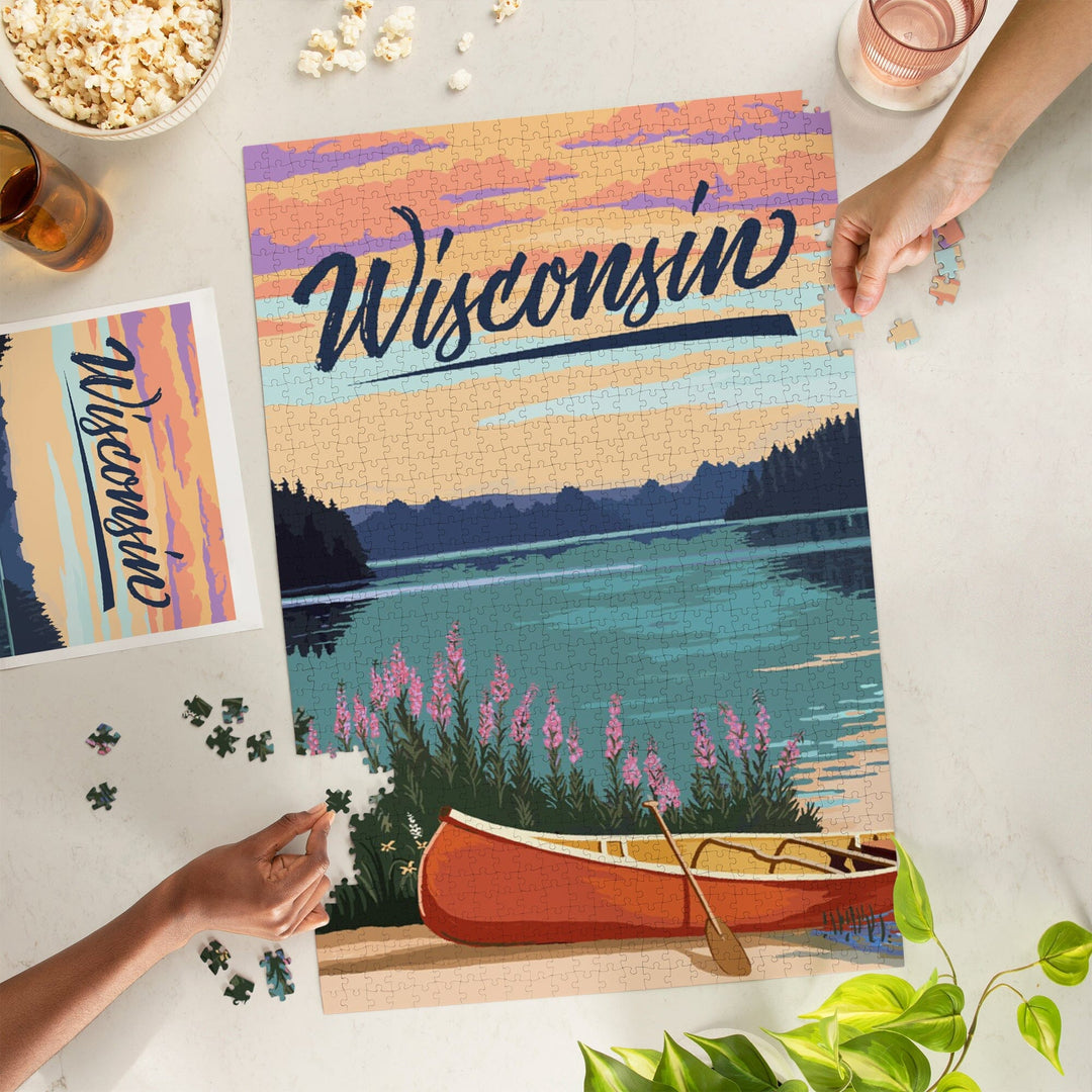 Wisconsin, Canoe and Lake Scene, Jigsaw Puzzle Puzzle Lantern Press 