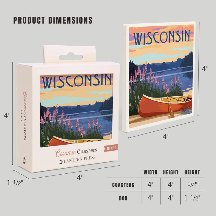 Wisconsin, Canoe & Lake, Lantern Press Artwork, Coaster Set Coasters Lantern Press 