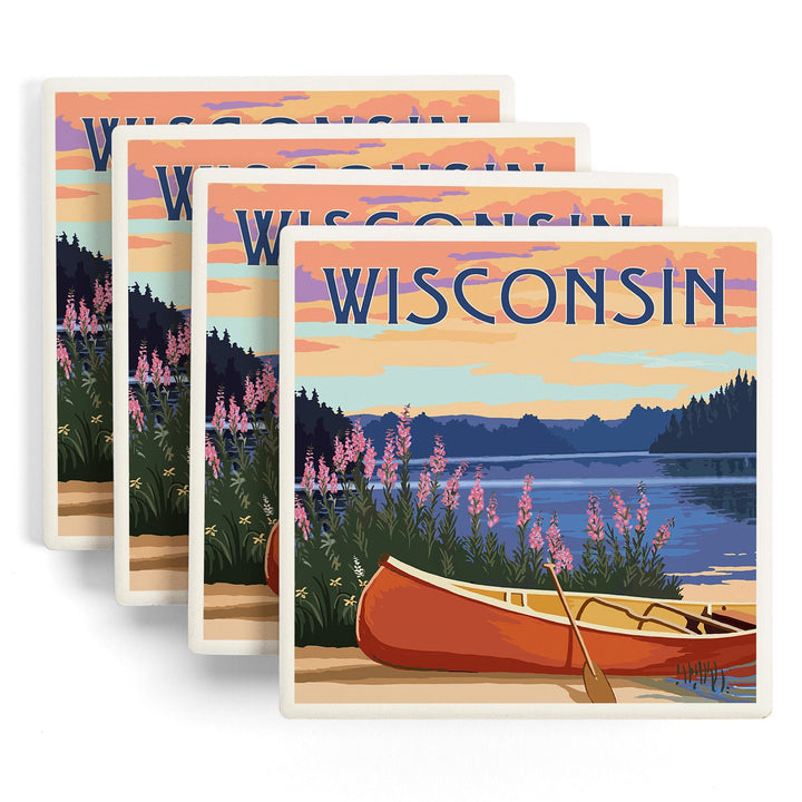 Wisconsin, Canoe & Lake, Lantern Press Artwork, Coaster Set Coasters Lantern Press 