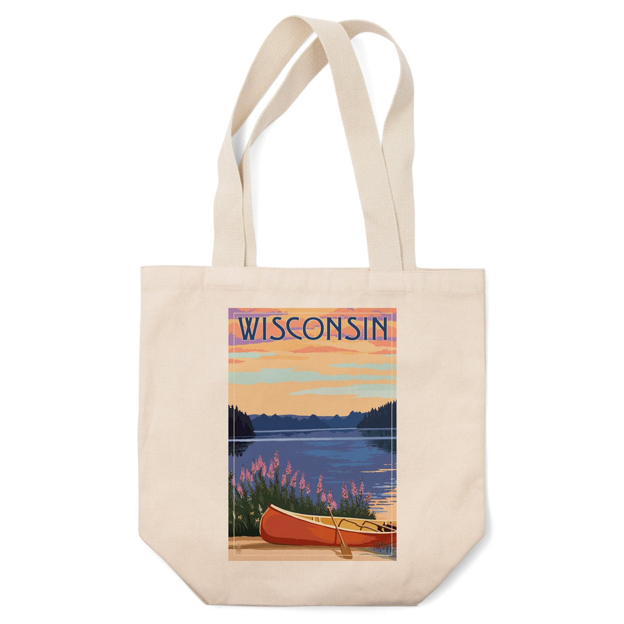 Wisconsin, Canoe & Lake, Lantern Press Artwork, Tote Bag Totes Lantern Press 