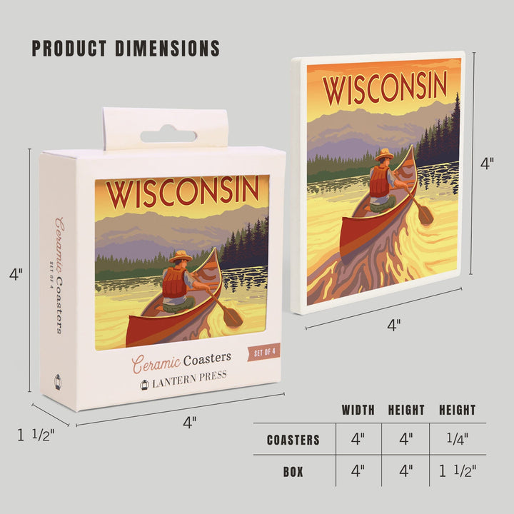 Wisconsin, Canoe Scene, Lantern Press Artwork, Coaster Set Coasters Lantern Press 