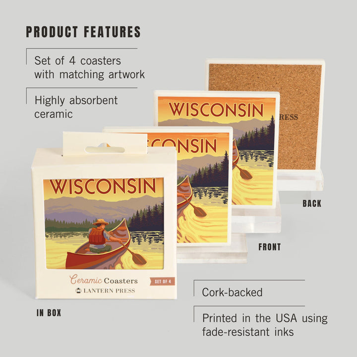 Wisconsin, Canoe Scene, Lantern Press Artwork, Coaster Set Coasters Lantern Press 