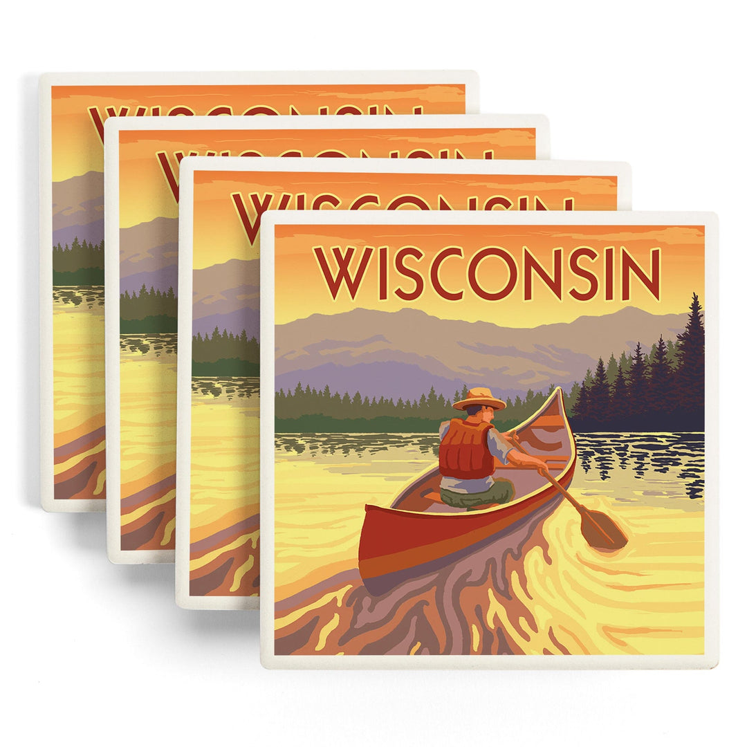 Wisconsin, Canoe Scene, Lantern Press Artwork, Coaster Set Coasters Lantern Press 