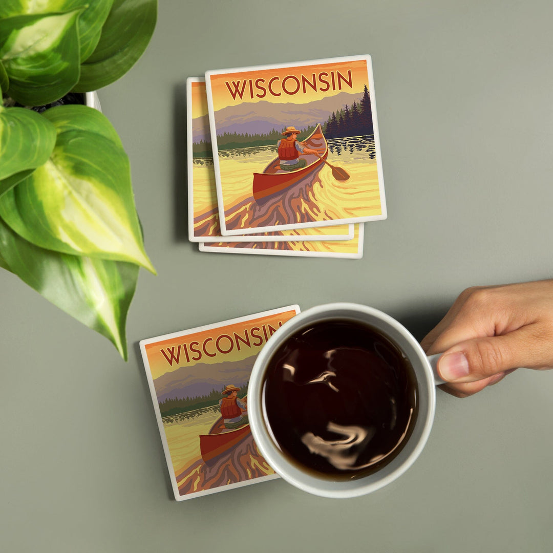 Wisconsin, Canoe Scene, Lantern Press Artwork, Coaster Set Coasters Lantern Press 