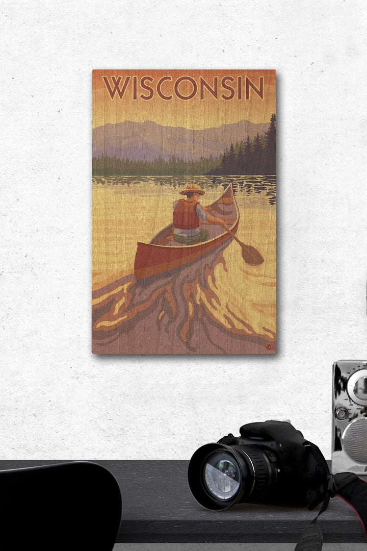 Wisconsin, Canoe Scene, Lantern Press Artwork, Wood Signs and Postcards Wood Lantern Press 12 x 18 Wood Gallery Print 