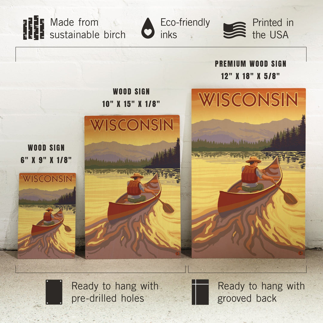 Wisconsin, Canoe Scene, Lantern Press Artwork, Wood Signs and Postcards Wood Lantern Press 