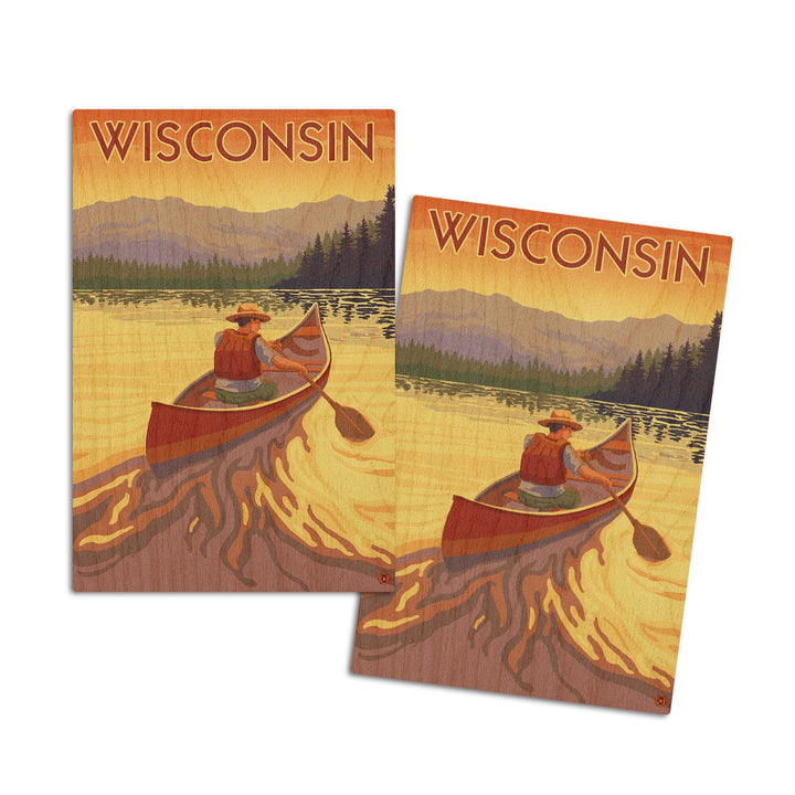 Wisconsin, Canoe Scene, Lantern Press Artwork, Wood Signs and Postcards Wood Lantern Press 4x6 Wood Postcard Set 