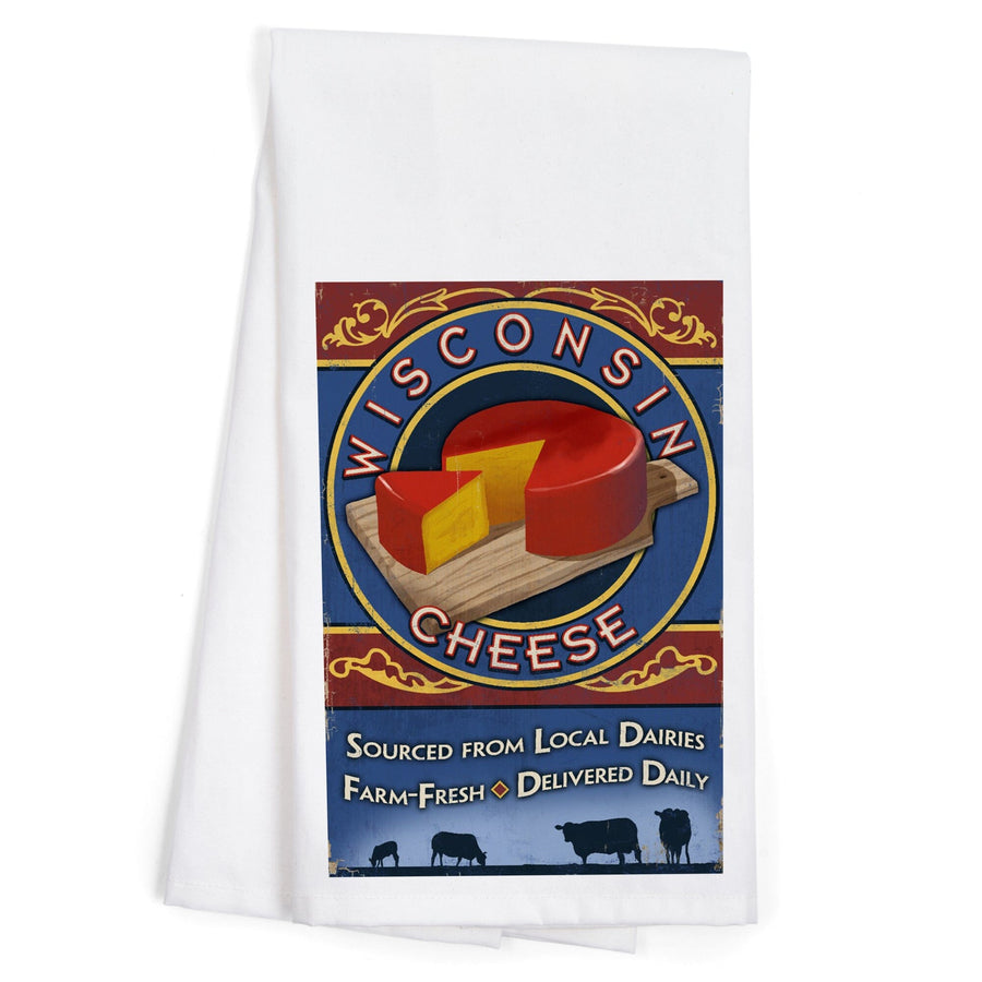 Wisconsin, Cheese Vintage Sign, Organic Cotton Kitchen Tea Towels Kitchen Lantern Press 