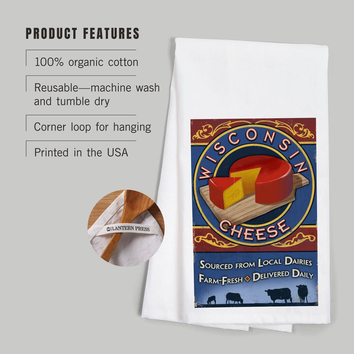 Wisconsin, Cheese Vintage Sign, Organic Cotton Kitchen Tea Towels Kitchen Lantern Press 