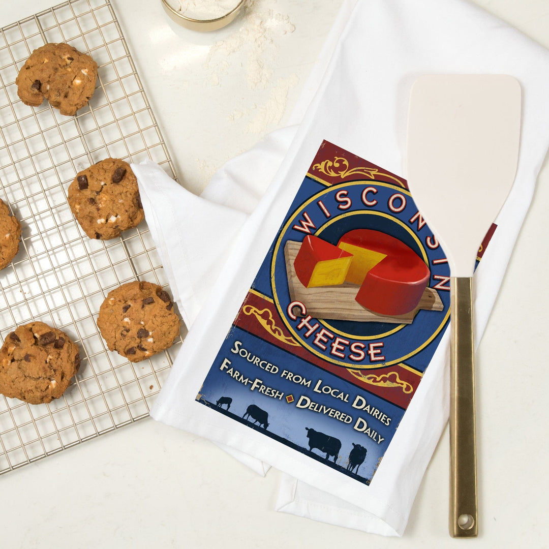 Wisconsin, Cheese Vintage Sign, Organic Cotton Kitchen Tea Towels Kitchen Lantern Press 