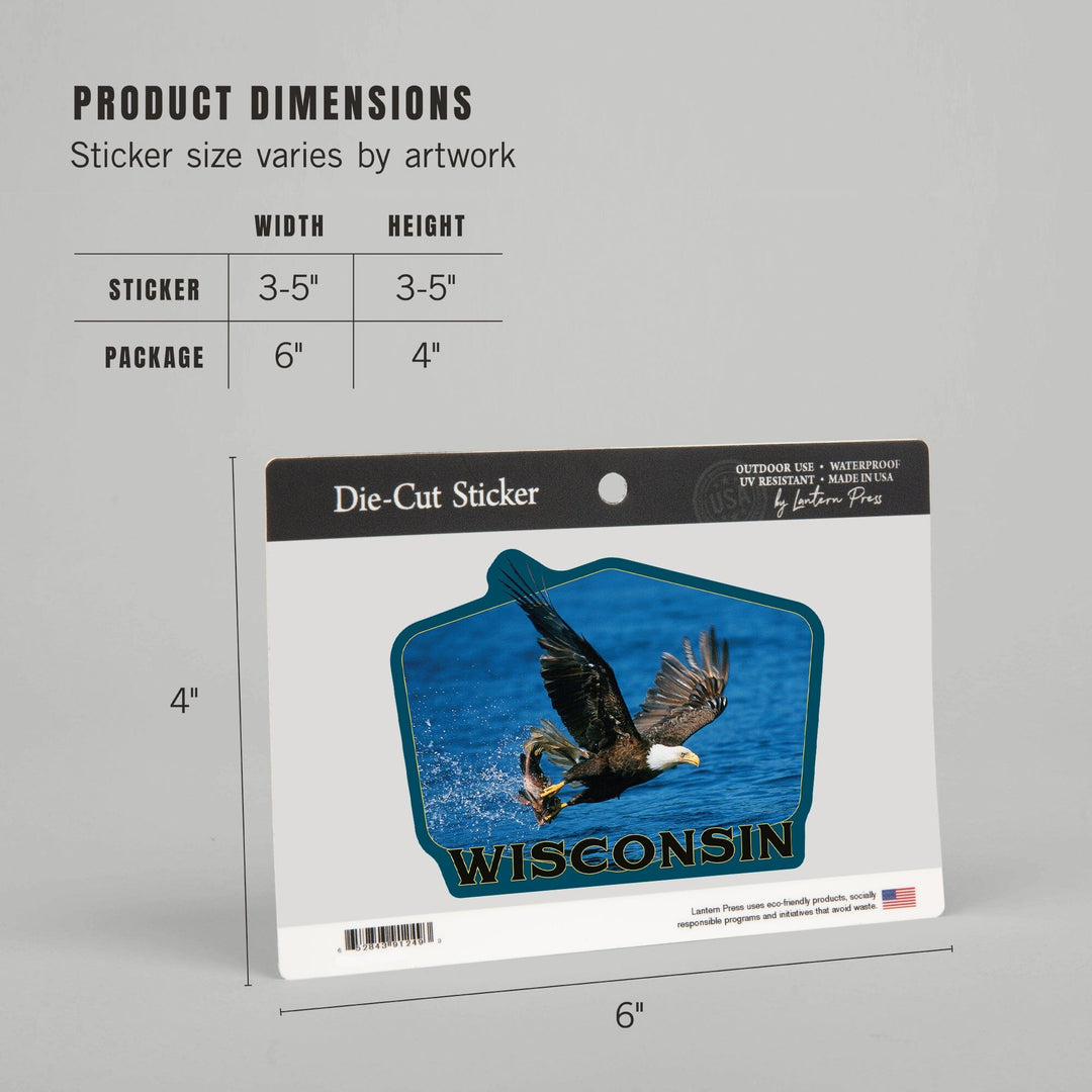 Wisconsin, Eagle Catching Fish, Contour, Vinyl Sticker Sticker Lantern Press 