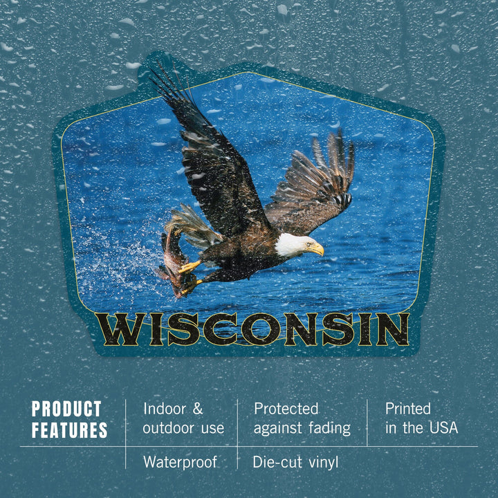 Wisconsin, Eagle Catching Fish, Contour, Vinyl Sticker Sticker Lantern Press 
