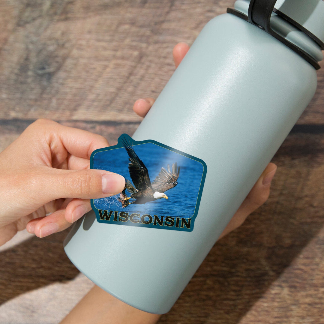 Wisconsin, Eagle Catching Fish, Contour, Vinyl Sticker Sticker Lantern Press 