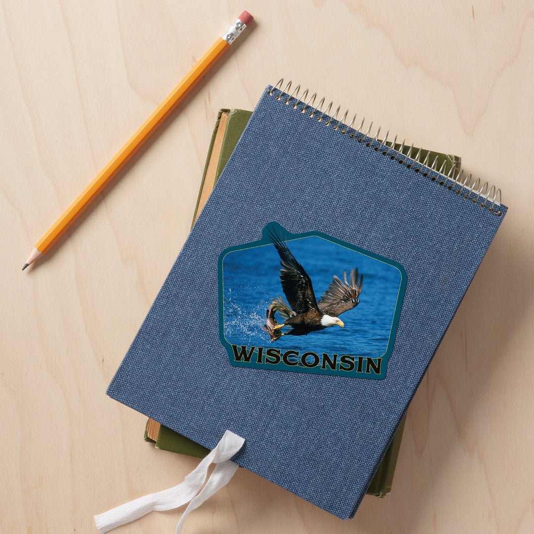 Wisconsin, Eagle Catching Fish, Contour, Vinyl Sticker Sticker Lantern Press 