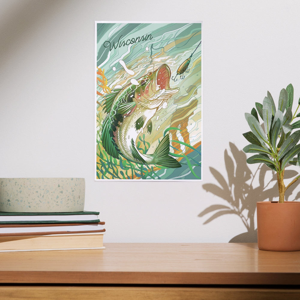Wisconsin, Fish All Day, Bass, Art & Giclee Prints Art Lantern Press 