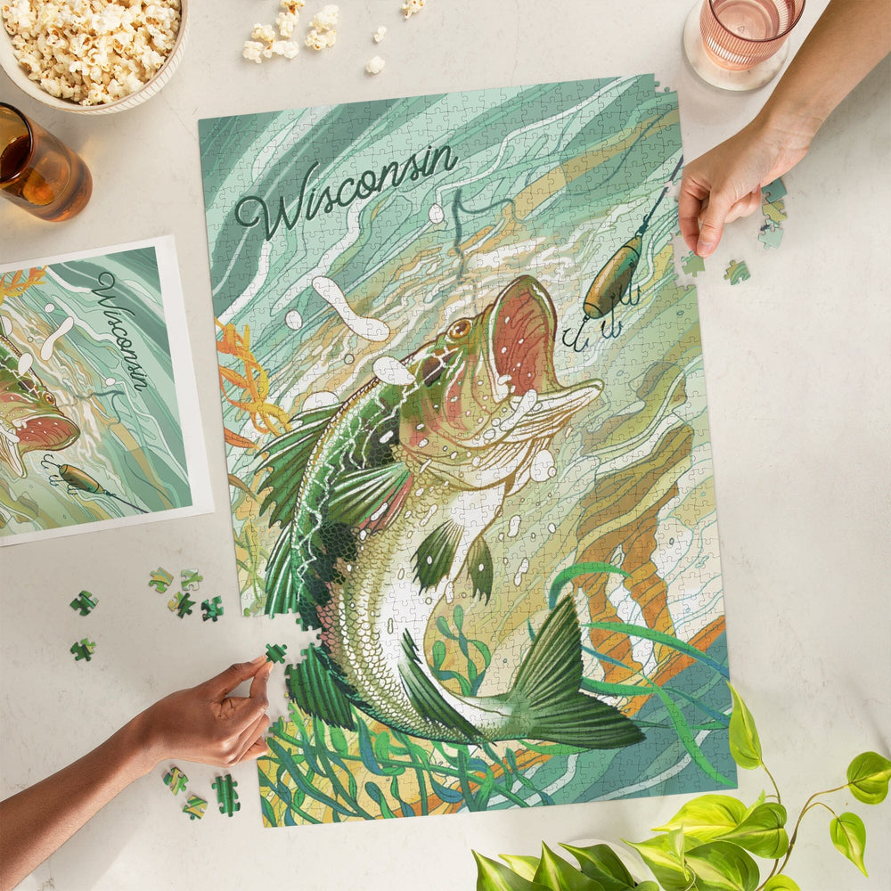 Wisconsin, Fish All Day, Bass, Jigsaw Puzzle Puzzle Lantern Press 