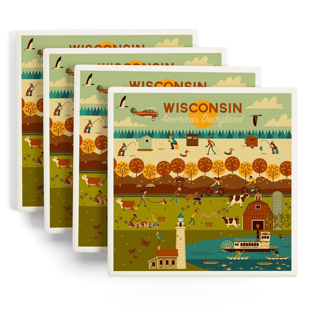 Wisconsin, Geometric, Lantern Press Artwork, Coaster Set Coasters Lantern Press 