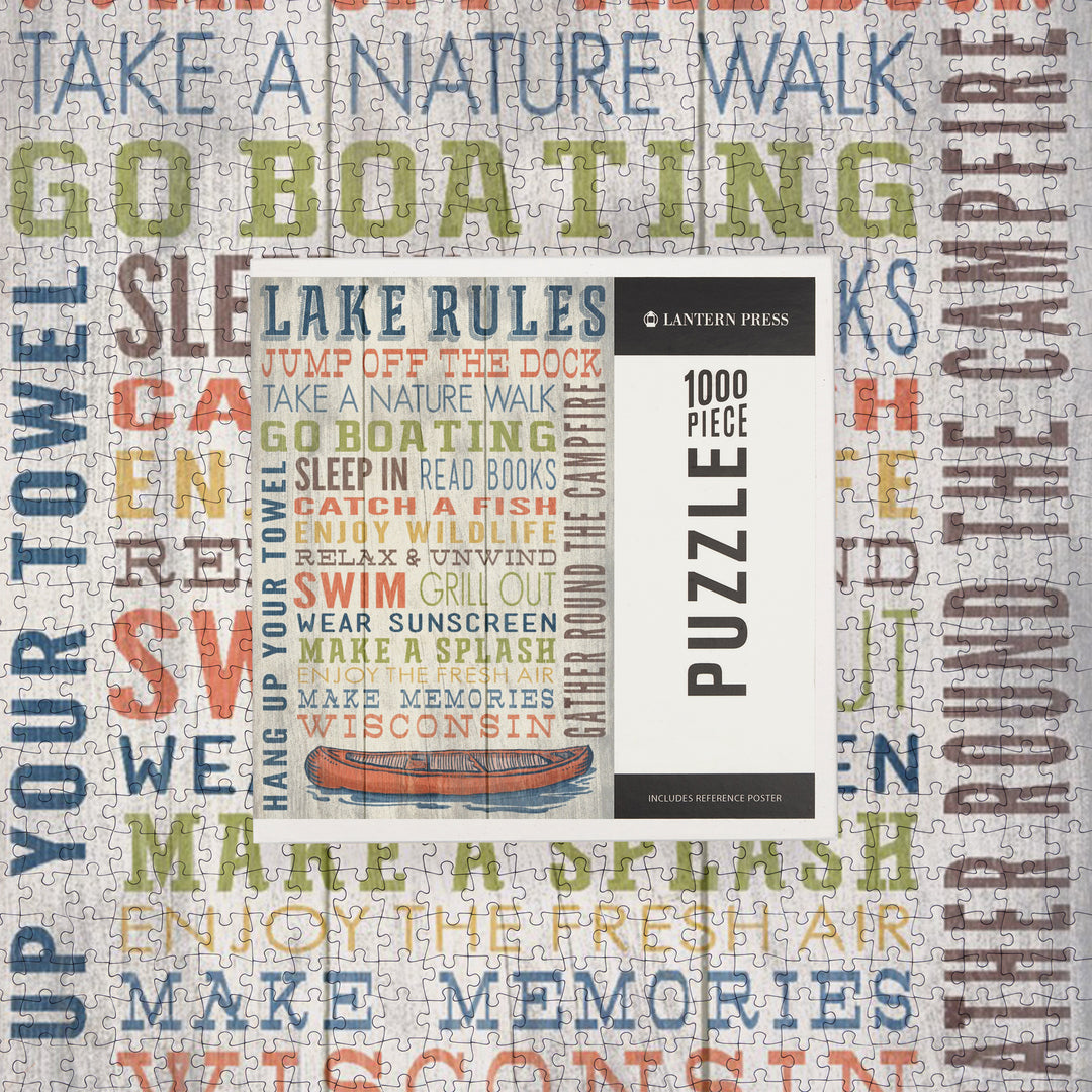 Wisconsin, Lake Rules, Rustic Typography, Jigsaw Puzzle Puzzle Lantern Press 