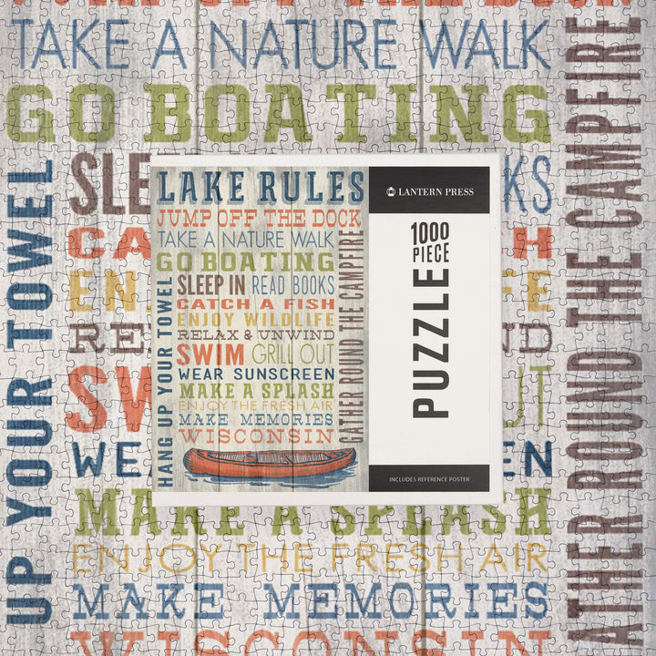 Wisconsin, Lake Rules, Rustic Typography, Jigsaw Puzzle Puzzle Lantern Press 