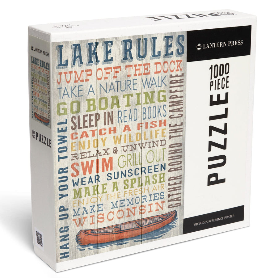 Wisconsin, Lake Rules, Rustic Typography, Jigsaw Puzzle Puzzle Lantern Press 
