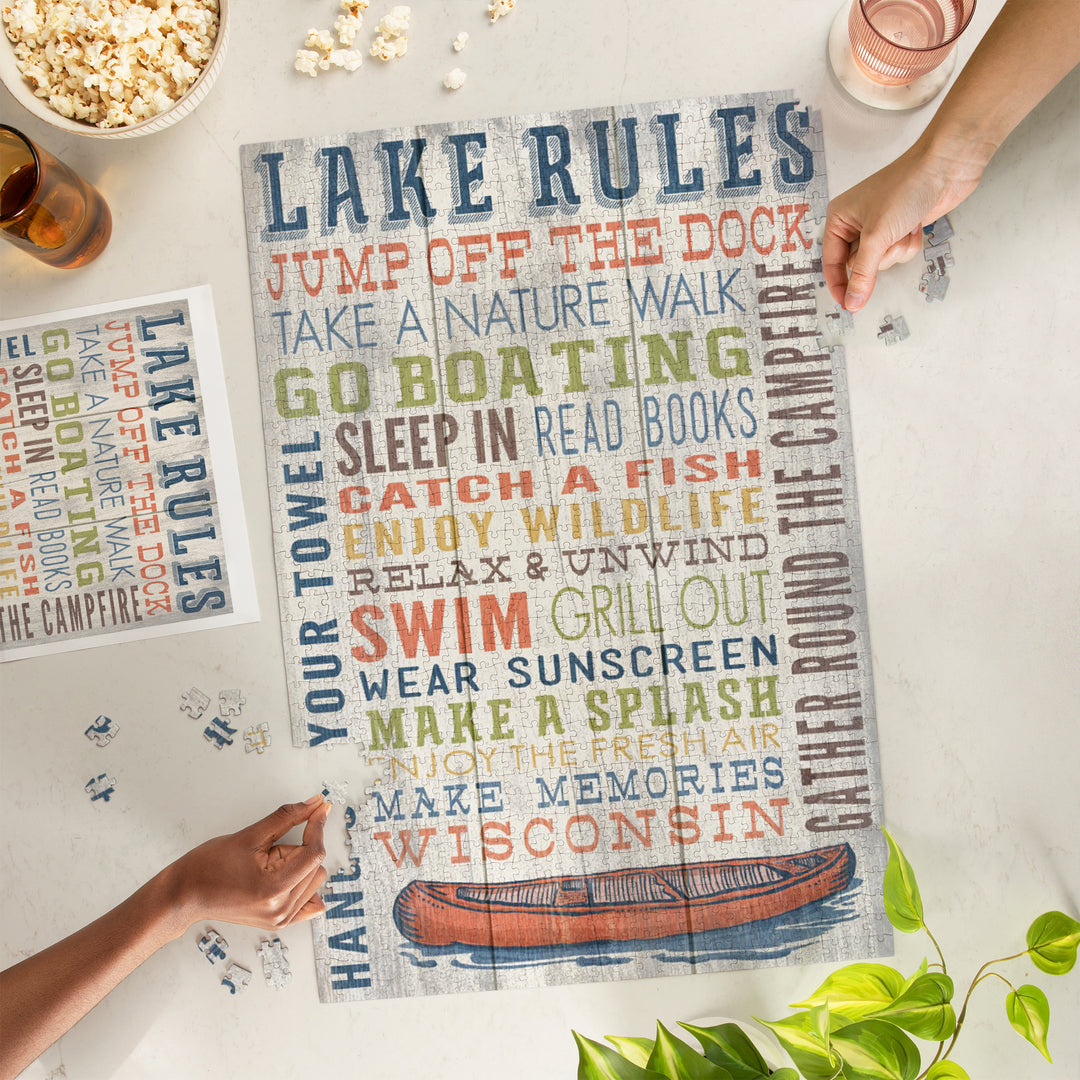 Wisconsin, Lake Rules, Rustic Typography, Jigsaw Puzzle Puzzle Lantern Press 