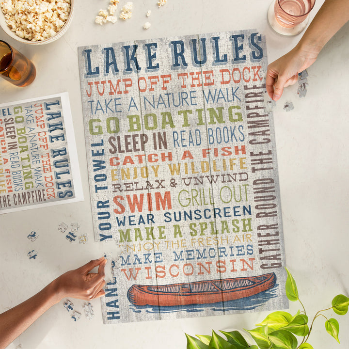 Wisconsin, Lake Rules, Rustic Typography, Jigsaw Puzzle Puzzle Lantern Press 