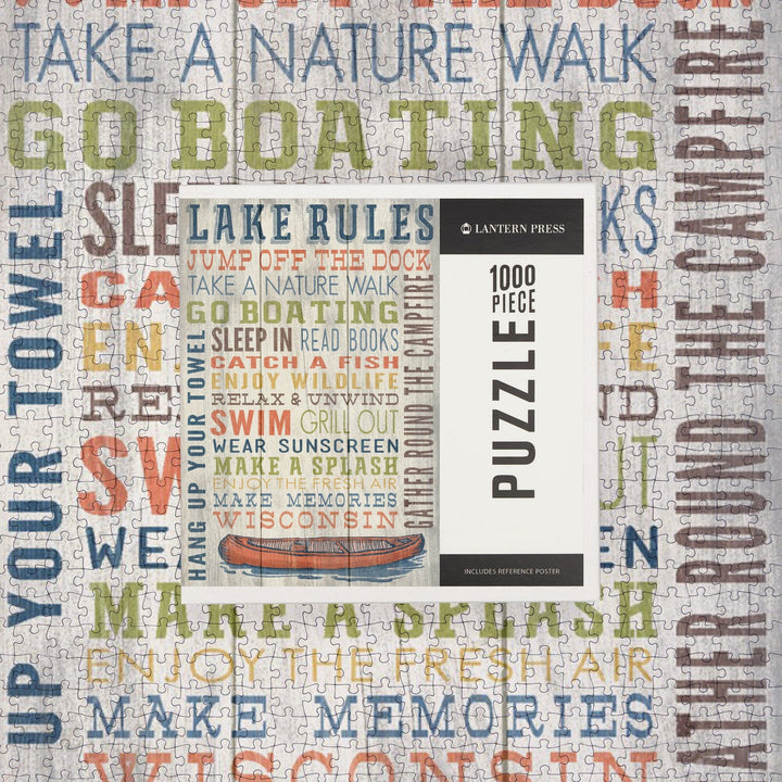 Wisconsin, Lake Rules, Rustic Typography, Jigsaw Puzzle Puzzle Lantern Press 