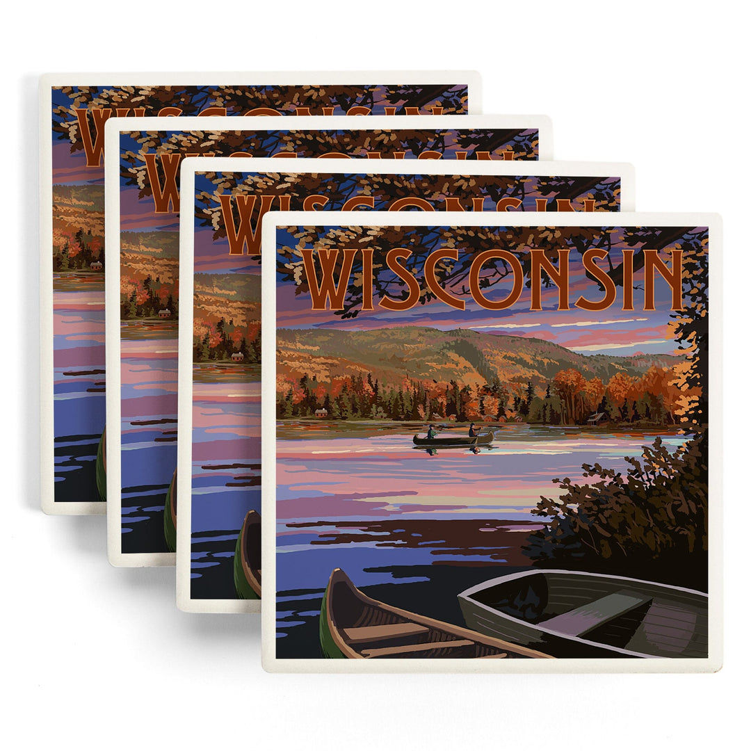 Wisconsin, Lake Sunset Scene, Lantern Press Artwork, Coaster Set Coasters Lantern Press 