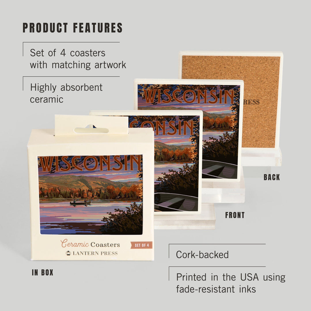 Wisconsin, Lake Sunset Scene, Lantern Press Artwork, Coaster Set Coasters Lantern Press 