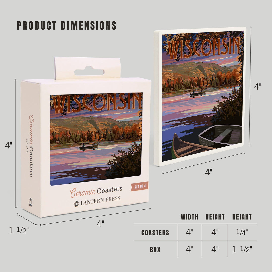 Wisconsin, Lake Sunset Scene, Lantern Press Artwork, Coaster Set Coasters Lantern Press 