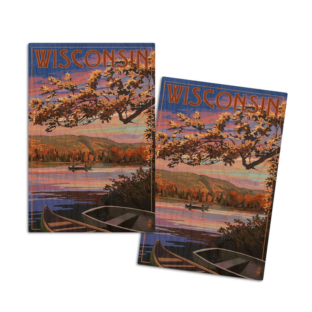 Wisconsin, Lake Sunset Scene, Lantern Press Artwork, Wood Signs and Postcards Wood Lantern Press 4x6 Wood Postcard Set 