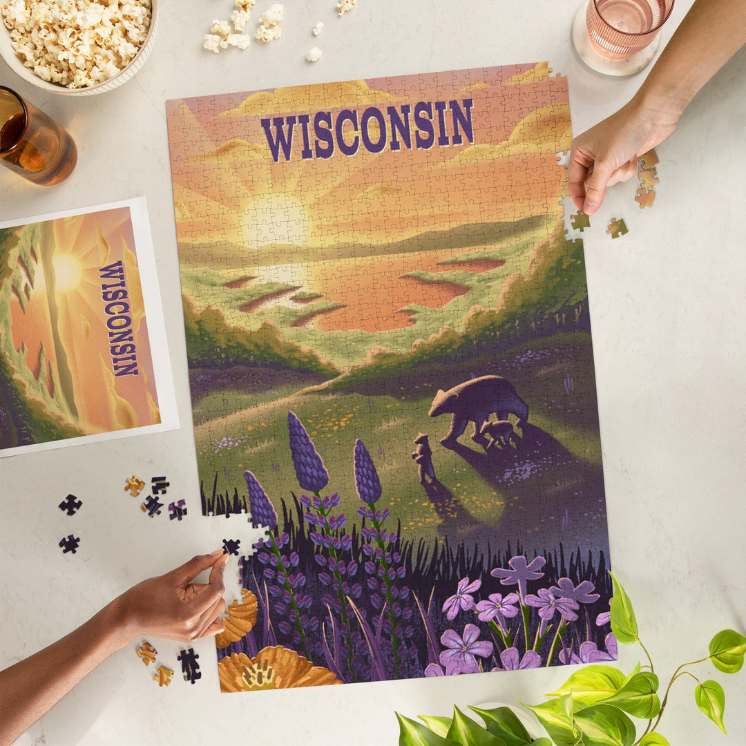 Wisconsin, Lithograph, Bear and Spring Flowers, Lake, Jigsaw Puzzle Puzzle Lantern Press 