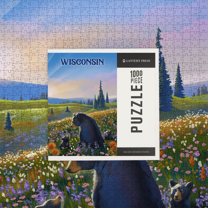 Wisconsin, Lithograph, Bear Family in Field, Jigsaw Puzzle Puzzle Lantern Press 
