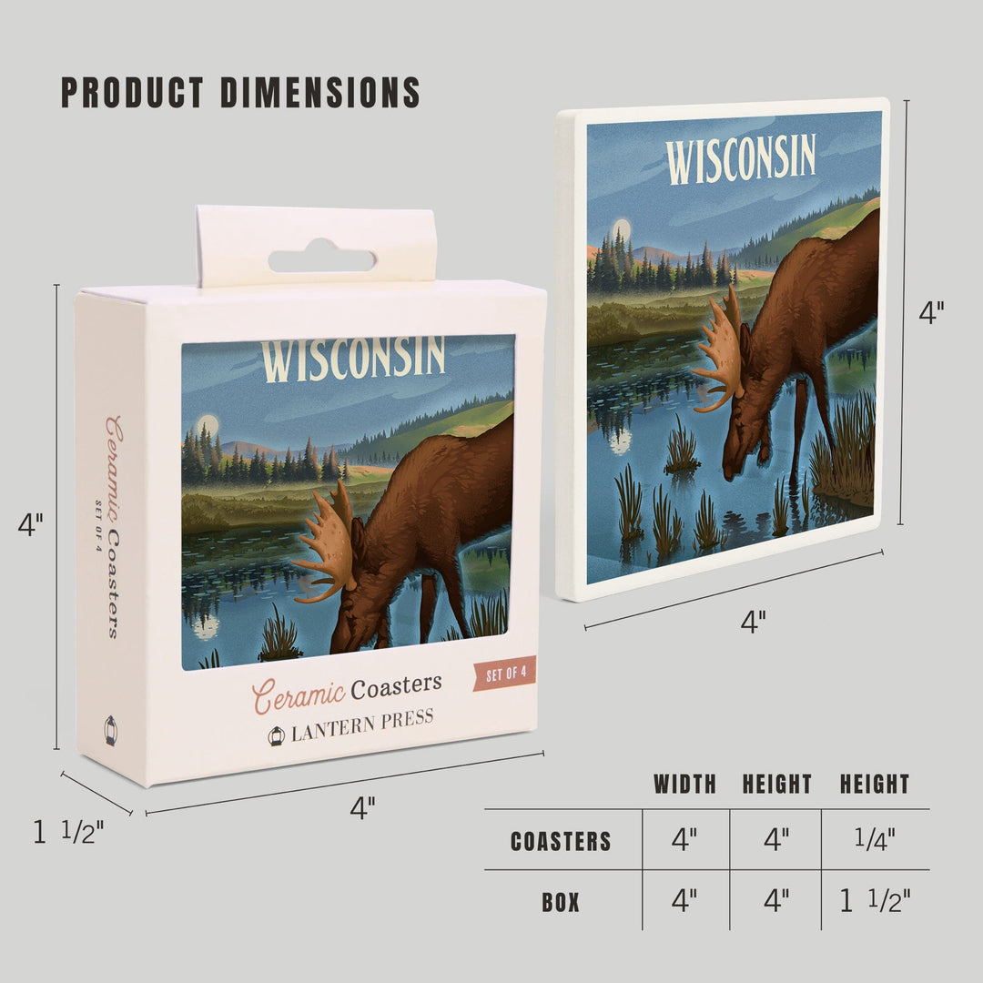 Wisconsin, Lithograph, Reflection Pond and Bull Moose, Coasters Coasters Lantern Press 