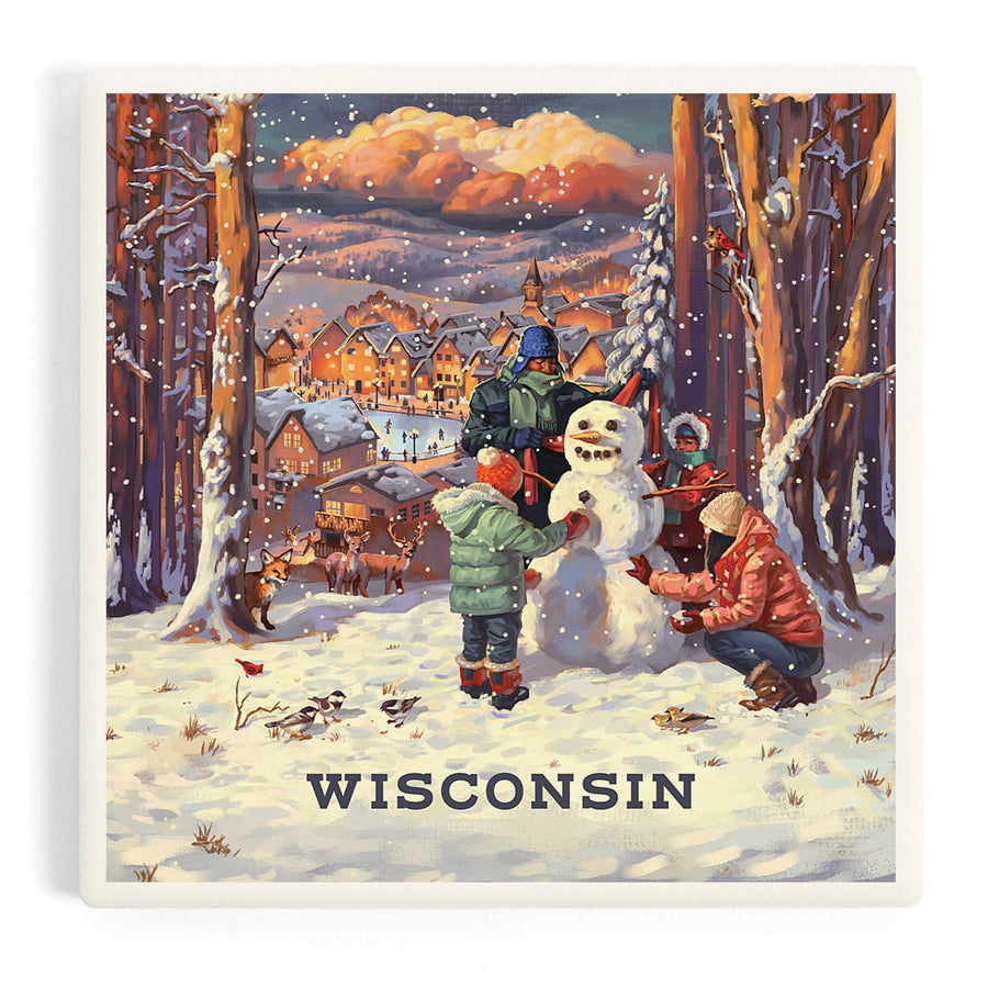 Wisconsin, Merry and Bright, Vintage Snowman, Coasters Coasters Lantern Press 