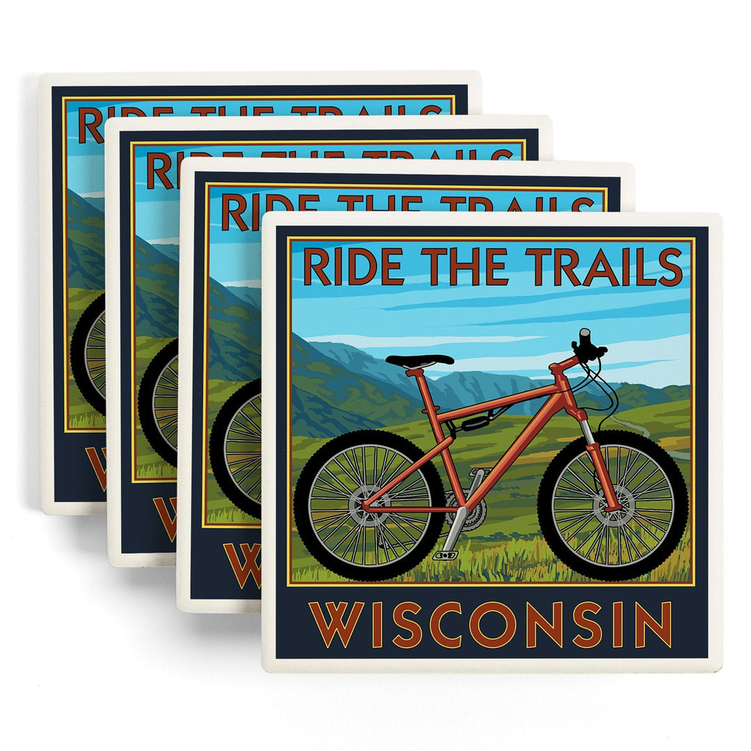 Wisconsin, Mountain Bike Scene, Ride the Trails, Lantern Press Artwork, Coaster Set Coasters Lantern Press 