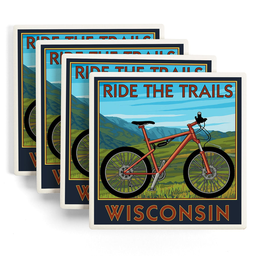 Wisconsin, Mountain Bike Scene, Ride the Trails, Lantern Press Artwork, Coaster Set Coasters Lantern Press 