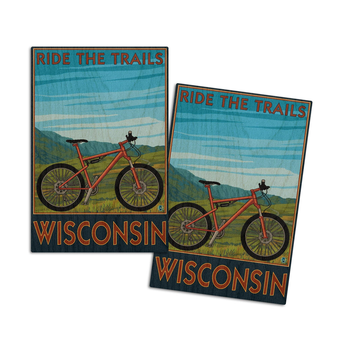 Wisconsin, Mountain Bike Scene, Ride the Trails, Lantern Press Artwork, Wood Signs and Postcards Wood Lantern Press 4x6 Wood Postcard Set 