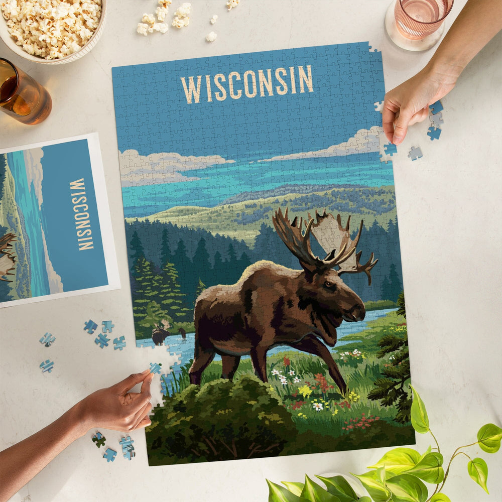 Wisconsin, Painterly, Moose and Wildflowers, Jigsaw Puzzle Puzzle Lantern Press 
