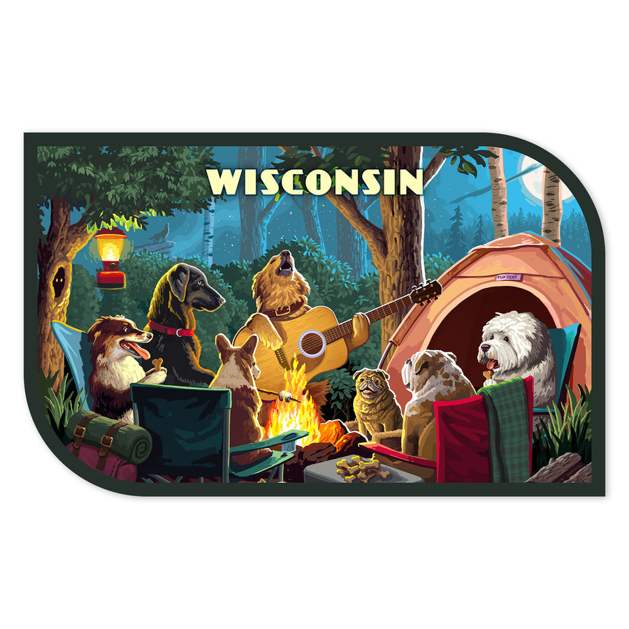 Wisconsin, Painterly, Pack Life, Dogs Around Campfire, Vinyl Sticker Sticker Lantern Press 