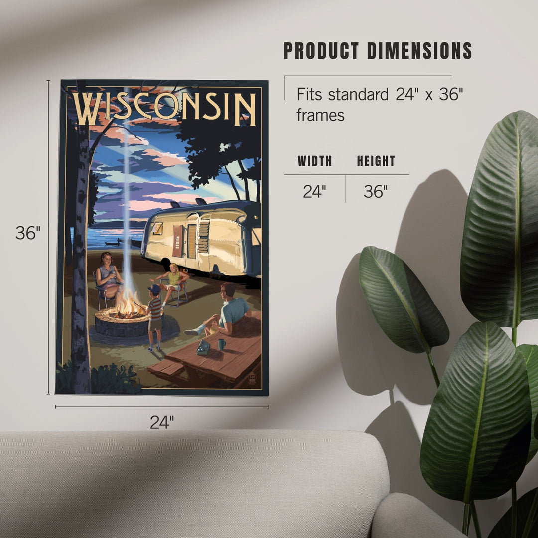 Wisconsin, Retro Camper and Lake, Art & Giclee Prints Art Lantern Press 