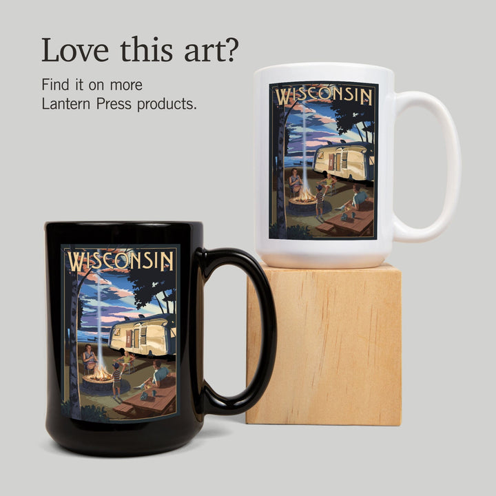 Wisconsin, Retro Camper and Lake, Ceramic Mug Mugs Lantern Press 