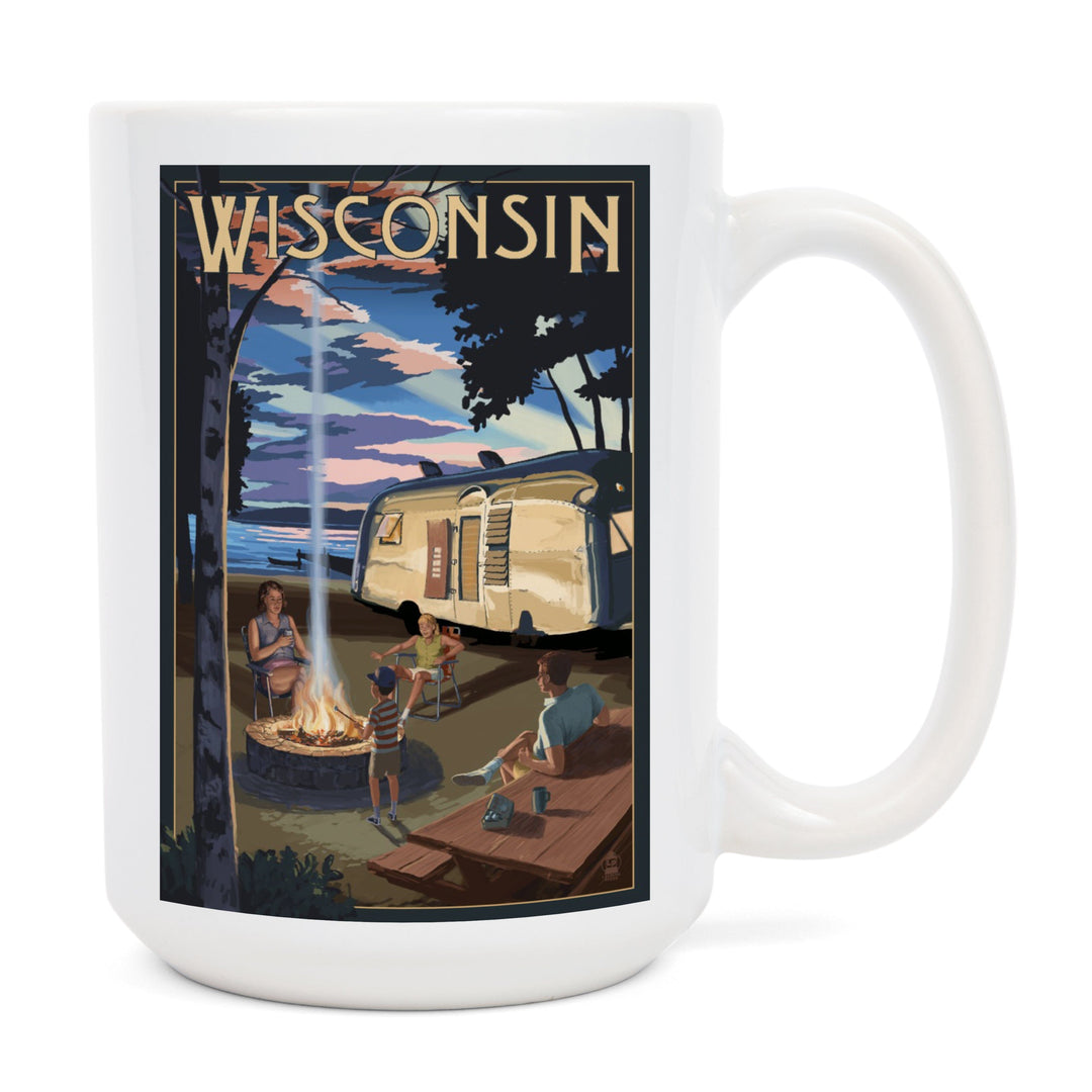 Wisconsin, Retro Camper and Lake, Ceramic Mug Mugs Lantern Press 