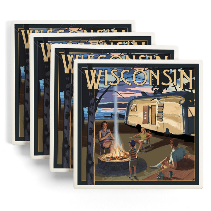 Wisconsin, Retro Camper & Lake, Lantern Press Artwork, Coaster Set Coasters Lantern Press 