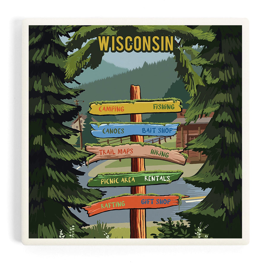 Wisconsin, Signpost, Forest and Camp, Coasters Coasters Lantern Press 