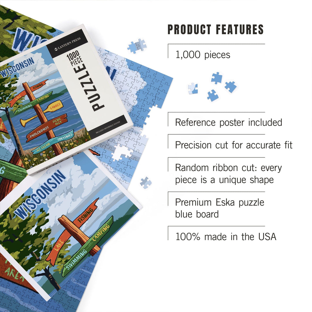 Wisconsin, Signpost, Lake and Flowers, Jigsaw Puzzle Puzzle Lantern Press 