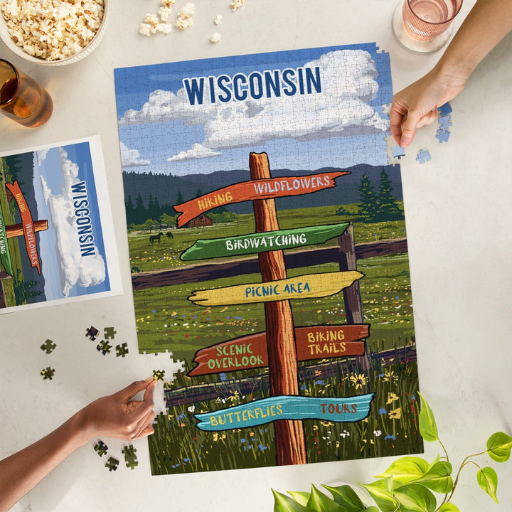 Wisconsin, Signpost, Meadow, Jigsaw Puzzle Puzzle Lantern Press 