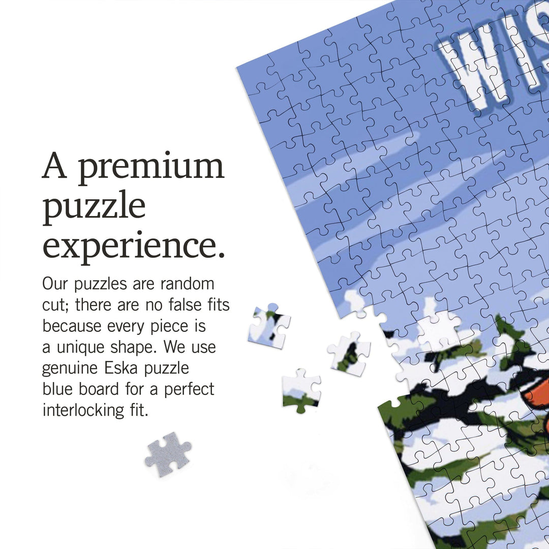 Wisconsin, Signpost, Ski and Snow, Jigsaw Puzzle Puzzle Lantern Press 