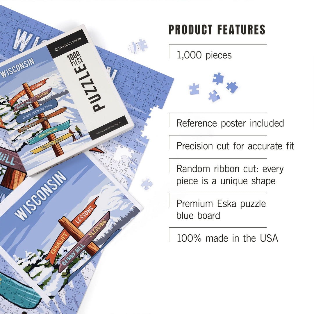 Wisconsin, Signpost, Ski and Snow, Jigsaw Puzzle Puzzle Lantern Press 