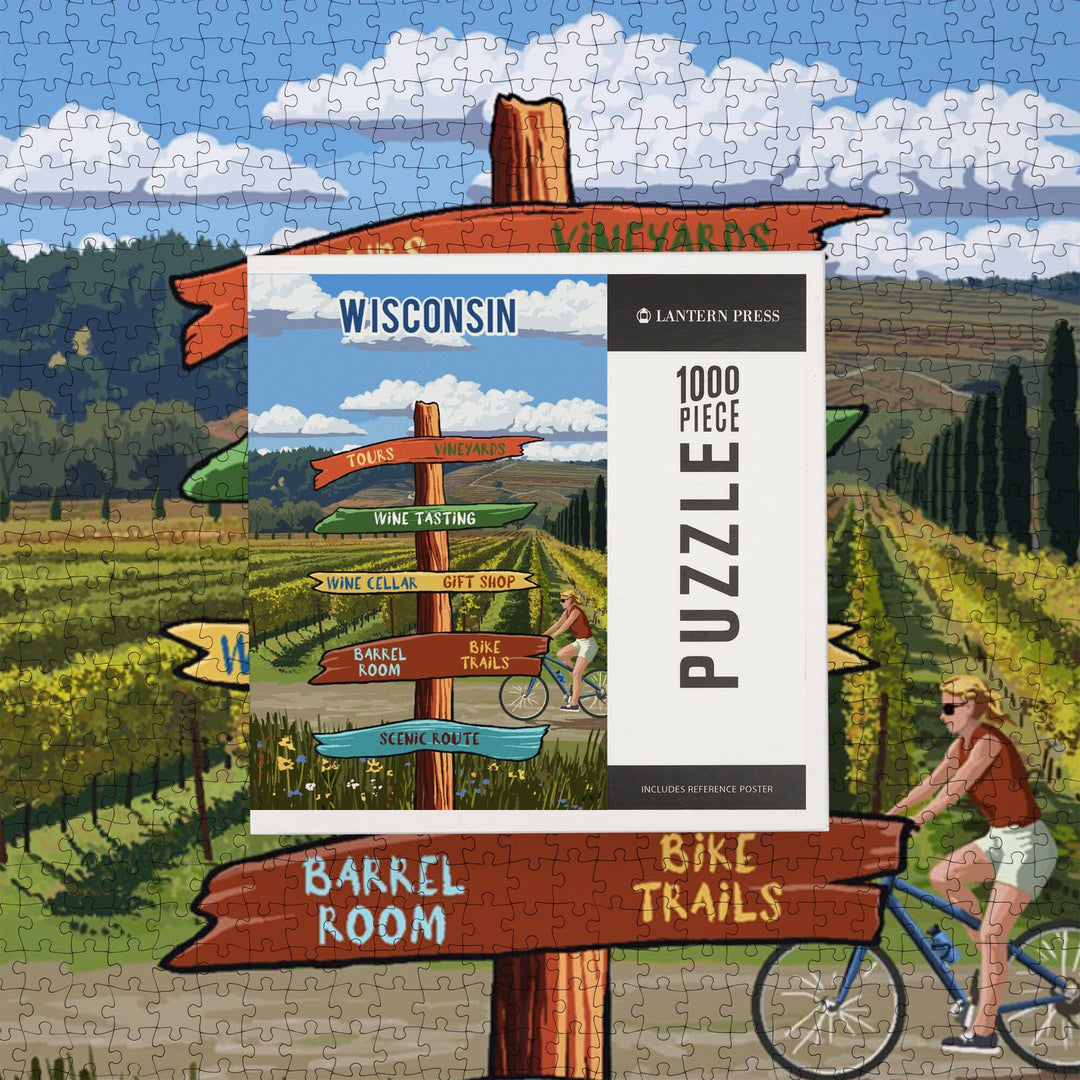 Wisconsin, Signpost, Vineyard, Jigsaw Puzzle Puzzle Lantern Press 